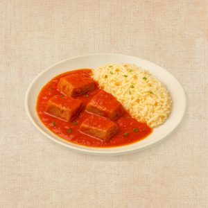 Atún en Tomate con Arroz al Ajillo, plato casero saludable de Los Paques de Juan.