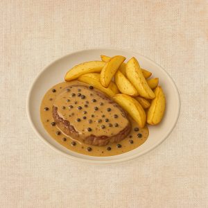 Ternera con Salsa Pimienta y Cuñas de Patata, plato casero saludable de Los Paques de Juan.