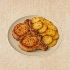 Chuletas de Cerdo con Patatas panaderas, plato casero saludable de Los Paques de Juan.