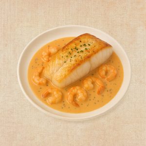 Merluza con Salsa de Gambas, plato casero saludable de Los Paques de Juan.