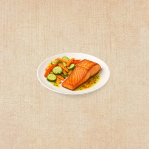 Salmón con Verduras con Vinagreta Cítrica, plato casero saludable de Los Paques de Juan.