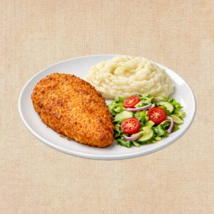 Pechuga empanada con Puré y Ensalada